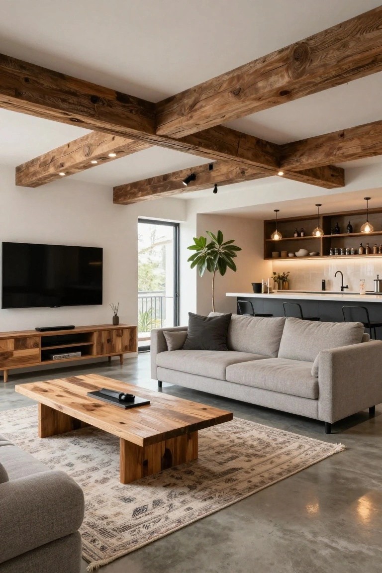 Open-plan living room with exposed rustic wooden beams on white ceiling, gray L-shaped sofa, wooden coffee table and media unit, large potted plant near glass door, and adjacent kitchen bar on polished concrete floor.