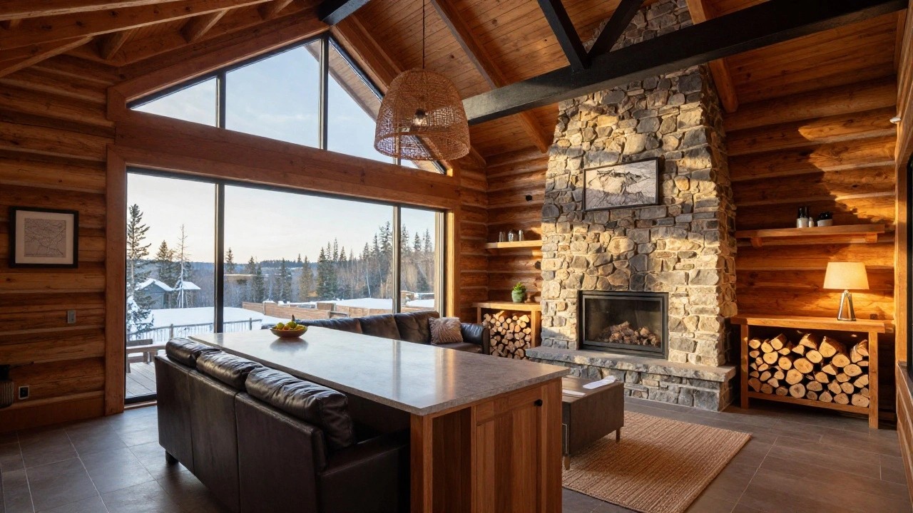 Interior view of a modern log cabin living and dining area with log walls, exposed wooden beams, tall stacked stone fireplace with gas insert, black leather L-shaped sofa, long wooden dining table with stools, and large windows overlooking snowy woods.