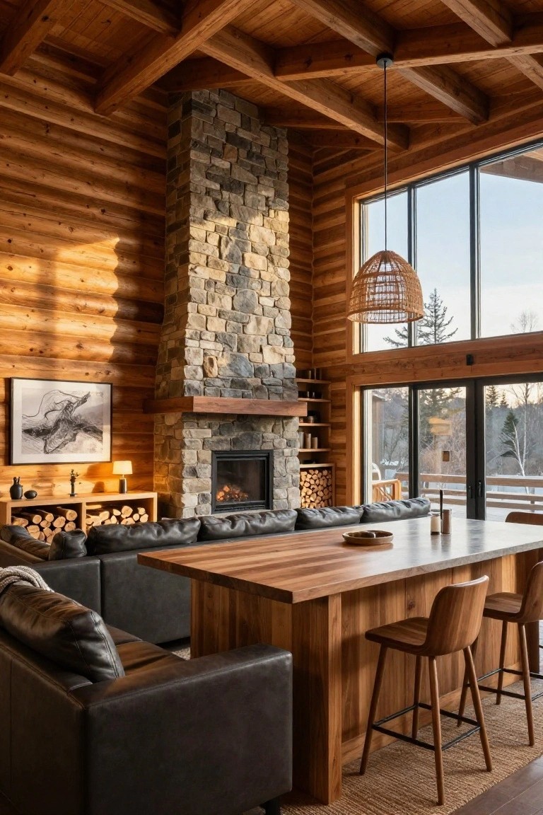 Interior view of a modern log cabin living and dining area with log walls, exposed wooden beams, tall stacked stone fireplace with gas insert, black leather L-shaped sofa, long wooden dining table with stools, and large windows overlooking snowy woods.