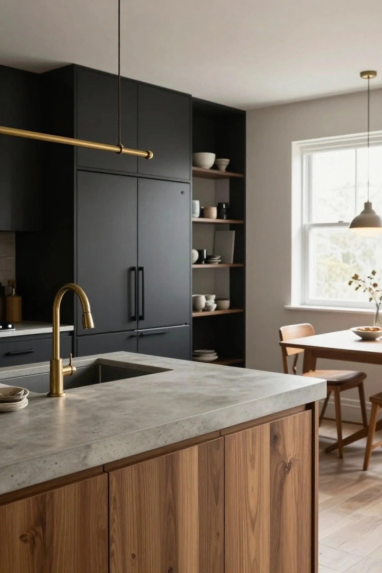 Modern kitchen with matte black upper cabinets and open shelving, walnut wood island cabinets, concrete countertop and sink, gold gooseneck faucet, and wooden dining chairs nearby.