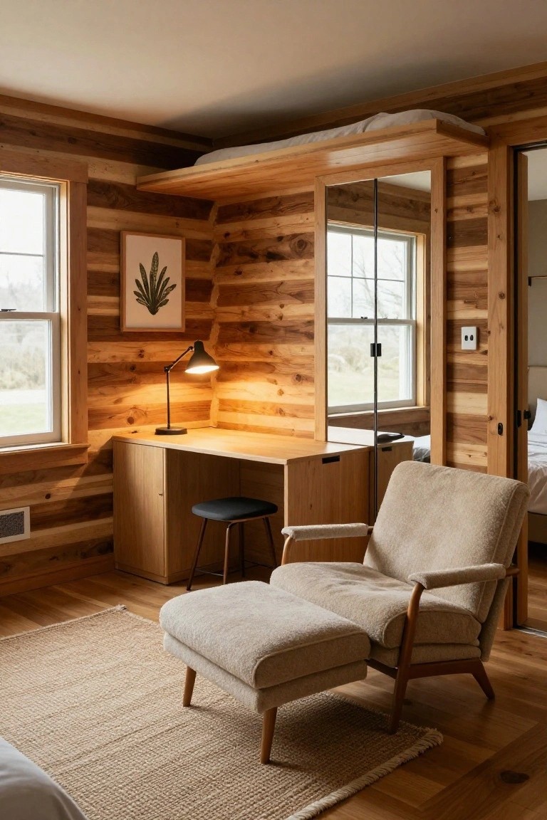 Log cabin interior with wood-paneled walls and ceiling, elevated white-sheeted bed platform above wooden desk and black stool, lit by adjustable desk lamp, cream armchair with ottoman on seagrass rug, and two large windows.
