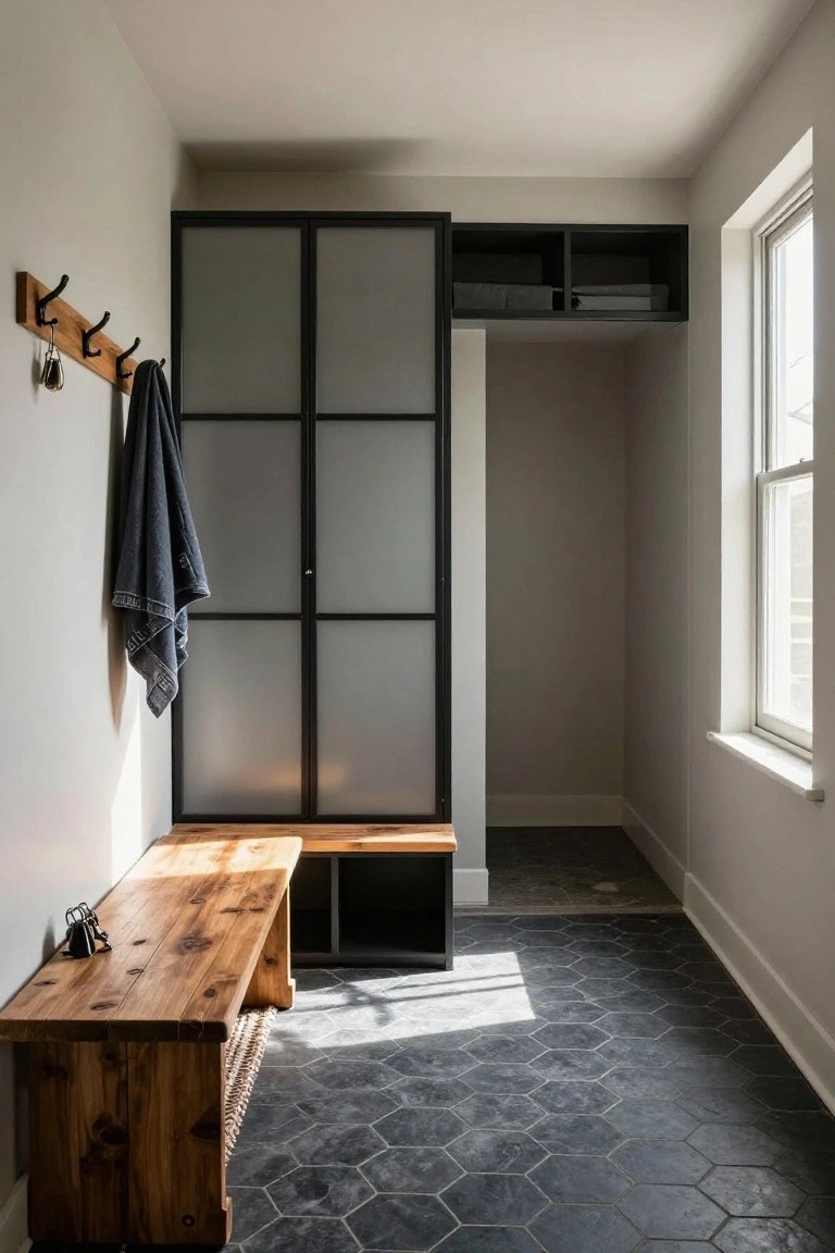Interior view of a mudroom with a wooden bench featuring storage cubbies underneath, wall-mounted hooks holding a towel and keys, black metal sliding doors with frosted glass panels, and hexagonal black tile floor.