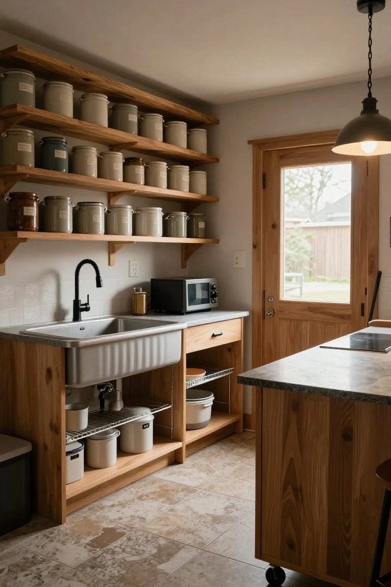 Rustic kitchen with wooden shelves, gray canisters, farmhouse sink, and island.