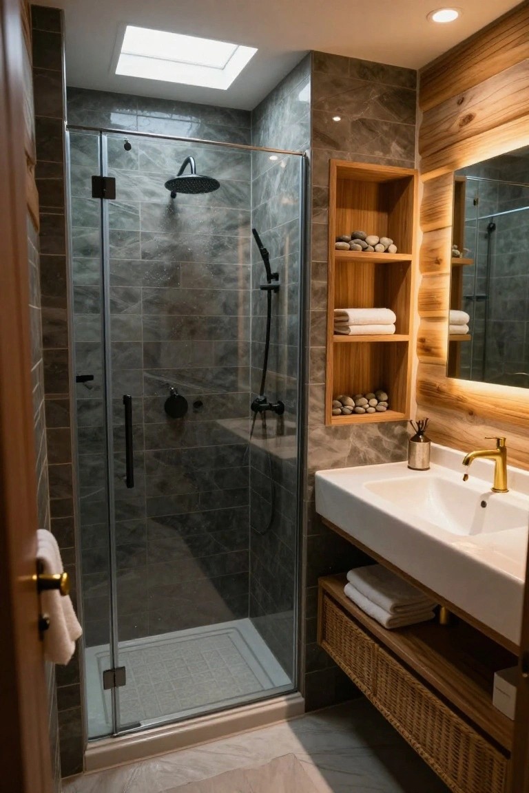 Compact modern bathroom with glass shower enclosure featuring gray marble tiles and black fixtures, open wooden shelves holding white towels and pebbles, white floating sink with gold faucet, and wood accents on walls and storage.