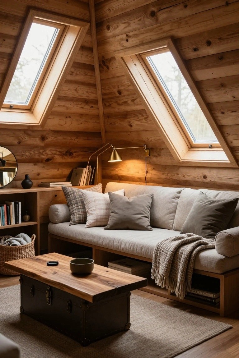 Wooden-paneled log cabin loft interior with sloped ceilings and skylights, beige sofa with pillows and throw, wooden coffee table, bookshelves, and floor lamp.