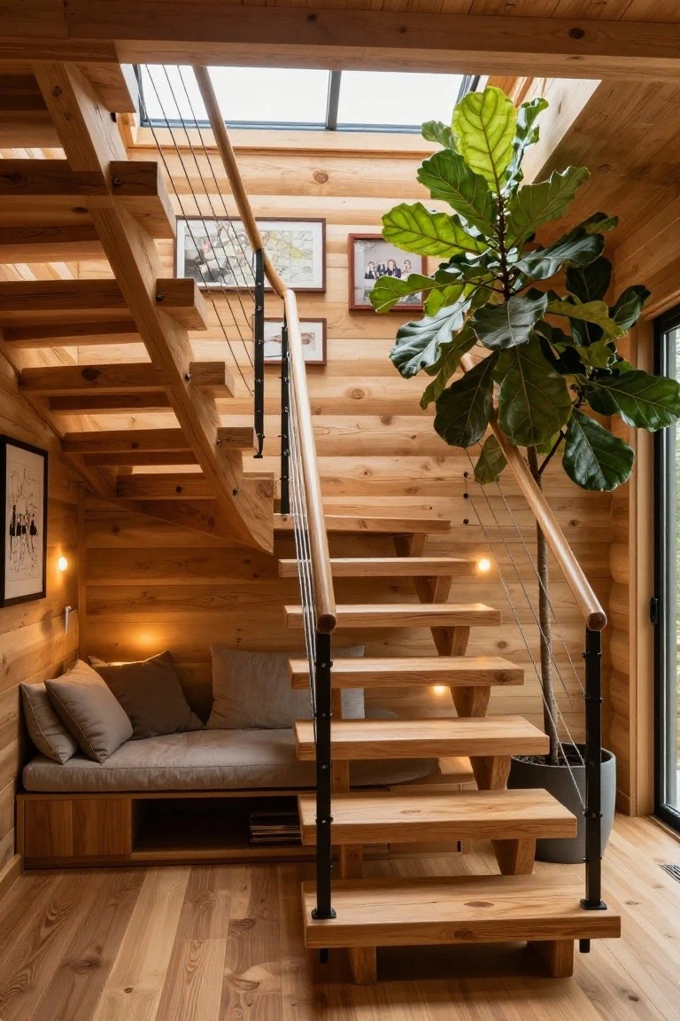 Wooden open-riser staircase with black cable railings and a built-in bench seat at the base in a log cabin interior, with potted plants, framed artwork on walls, and soft lighting.