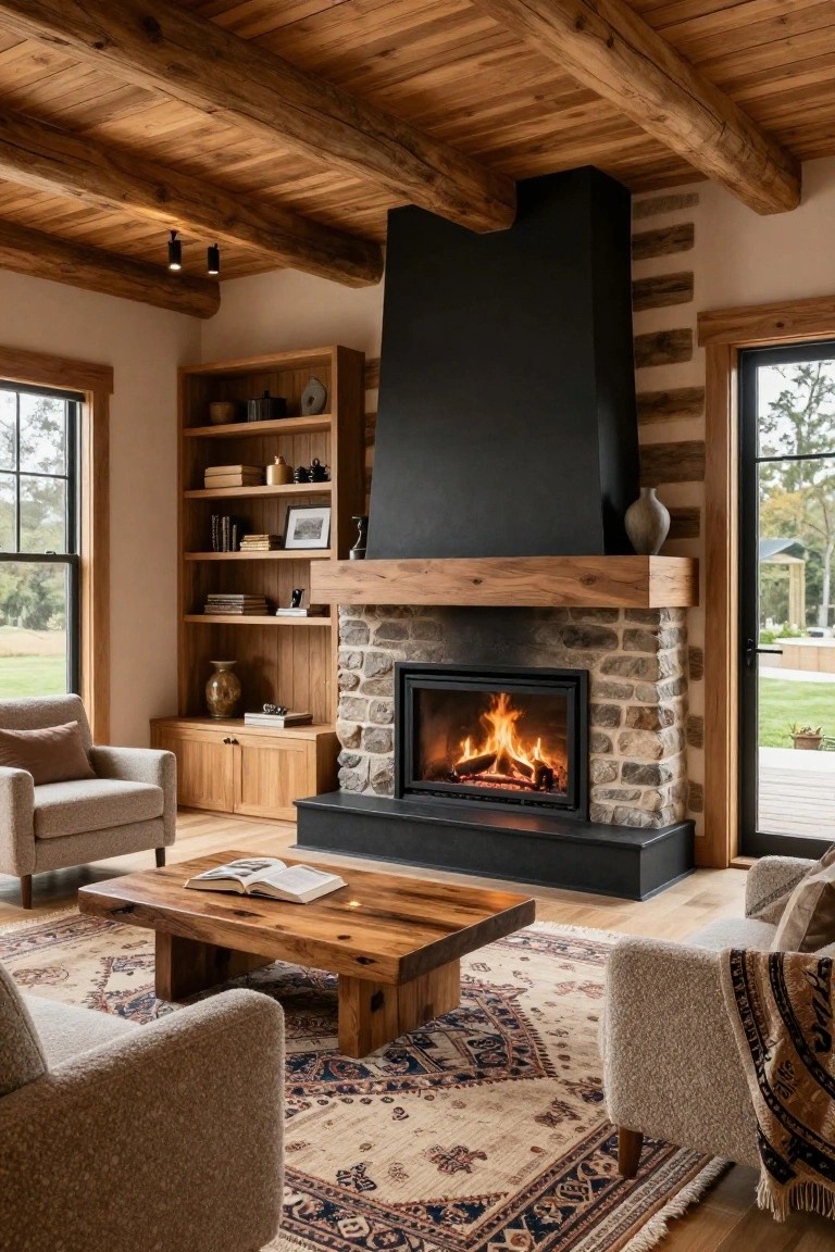 Cozy log cabin living room interior with exposed wooden beam ceiling, tall black chimney stone fireplace, wooden bookshelves, beige armchairs, wooden coffee table on patterned rug, and large windows showing yard and trees.
