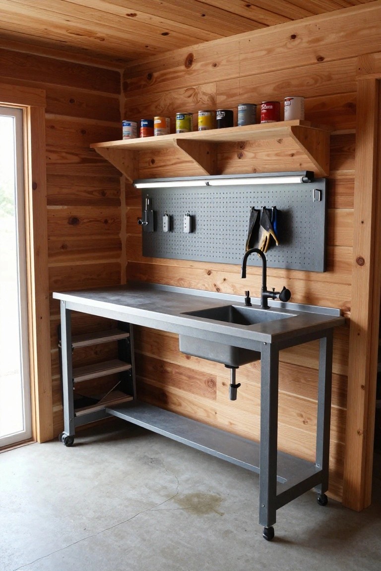 Stainless steel workbench with utility sink, pegboard wall, tool hooks, and shelves holding paint cans in a log cabin interior with wooden walls and ceiling.