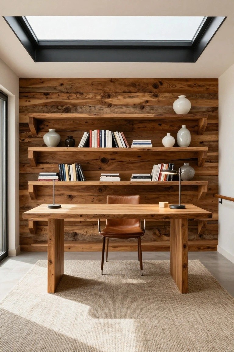 Home office interior with textured wood-paneled wall and integrated open shelves holding books and ceramic vases, wooden desk with brown leather chair, desk lamps, skylight ceiling, and beige rug on tile floor.