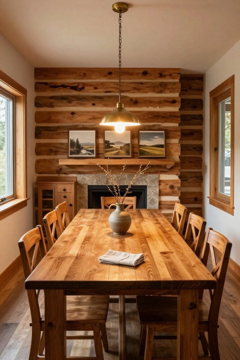 Log cabin dining room with light-toned log walls, long rectangular wooden table and matching chairs, stone fireplace flanked by wooden cabinet and paintings, brass pendant light overhead, and ceramic vase on table.