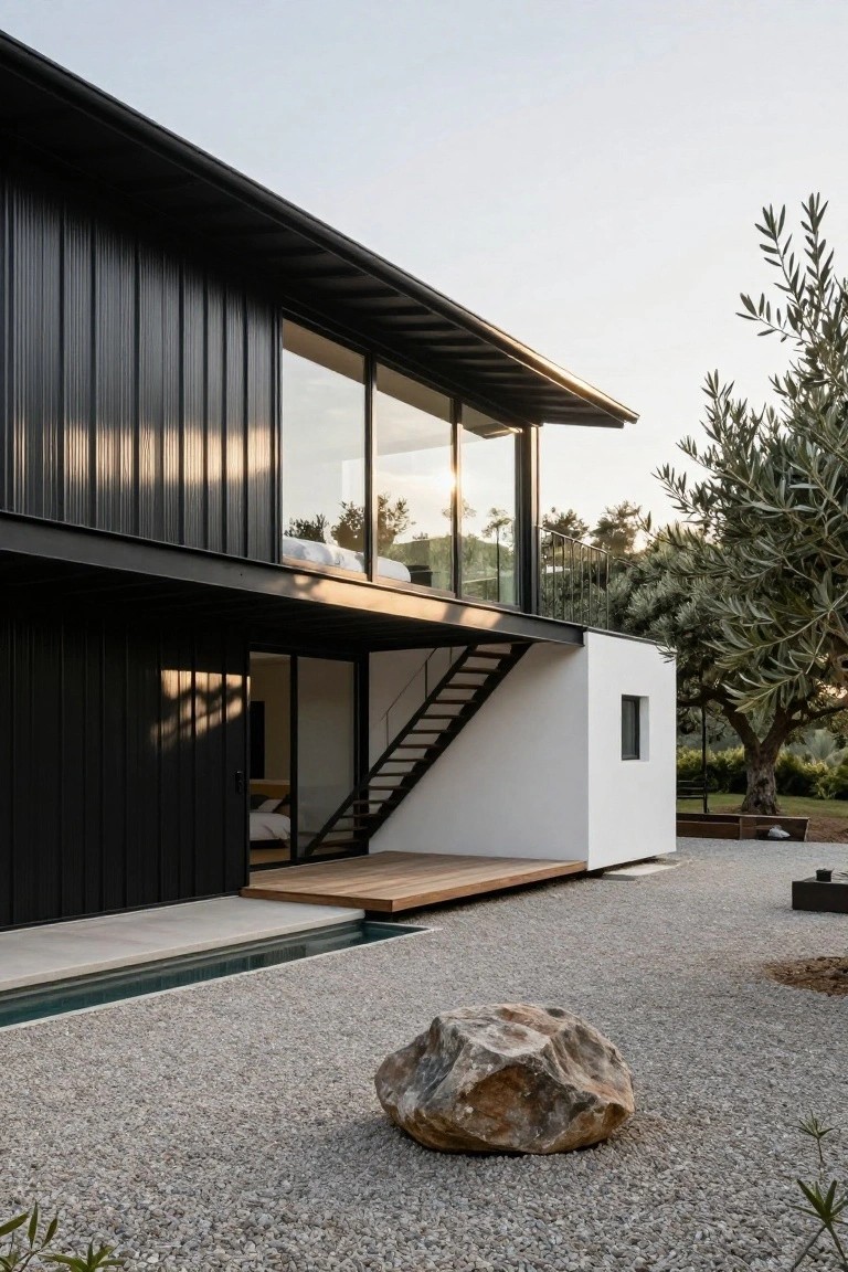 Modern two-story house exterior featuring black corrugated metal siding, a white cubic extension with external stairs and glass walls, gravel yard with large boulder, and surrounding olive trees.
