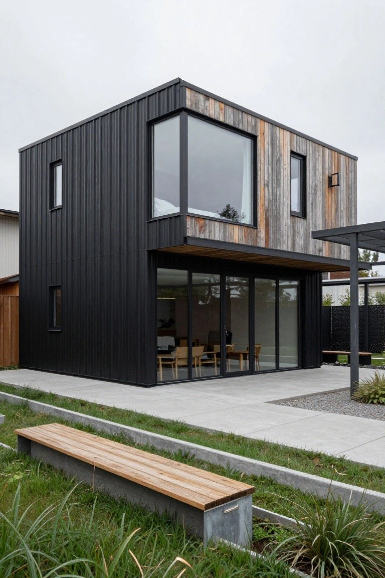 A modern cubic house clad in black corrugated metal siding with weathered wood accents, featuring large corner windows, sliding glass doors to a covered patio, and a concrete yard with benches and grasses.