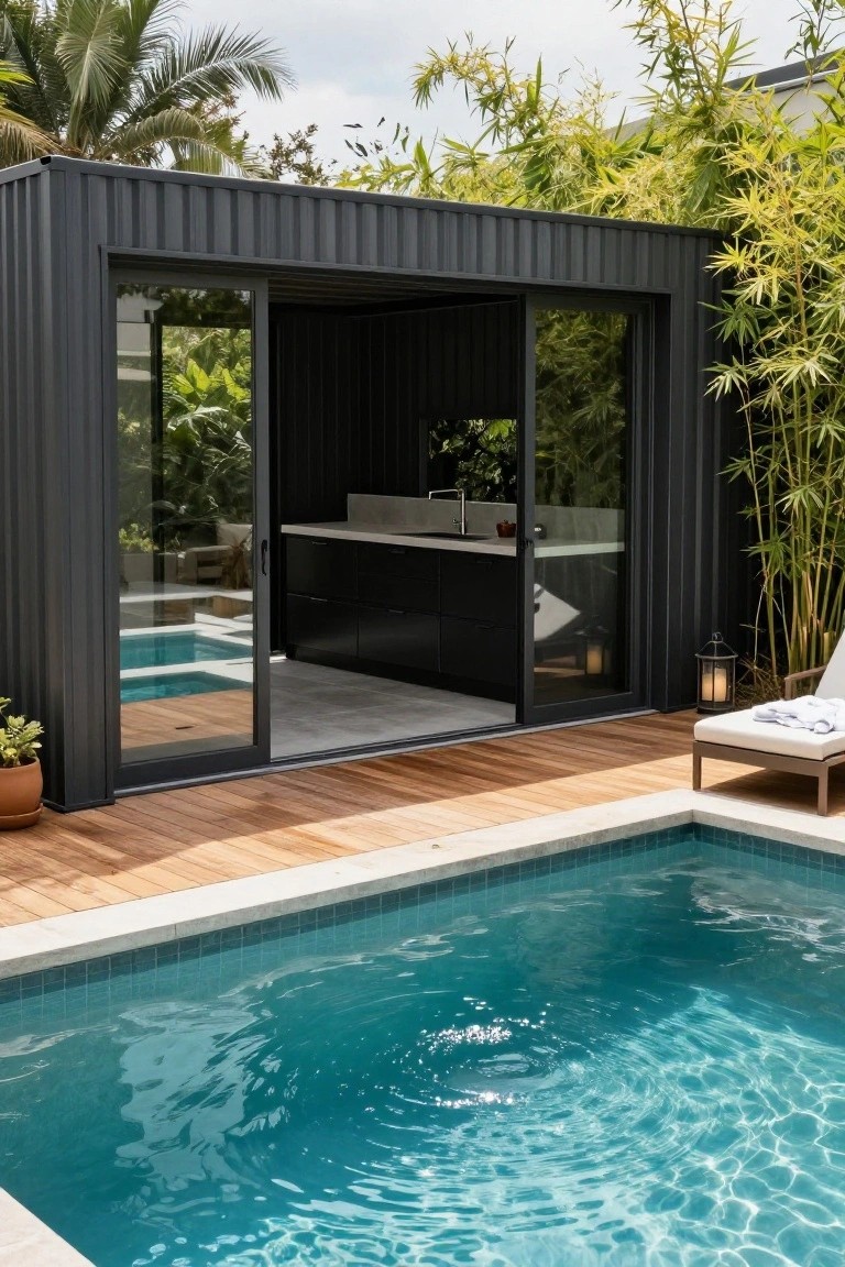 Black shipping container structure converted into an outdoor kitchen with open glass sliding doors, concrete sink and cabinets, adjacent wooden deck and swimming pool surrounded by bamboo and palm plants.