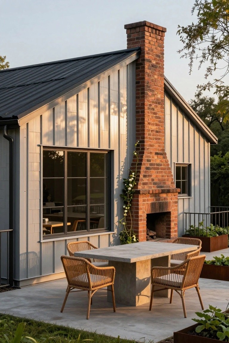 Side exterior of a house with gray board-and-batten siding, black metal roof, tall red brick chimney with climbing plants, large black-framed windows, and concrete patio below with rattan chairs around a concrete table plus metal planters.