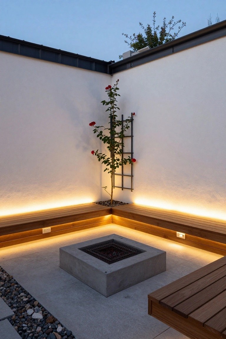 Outdoor courtyard with white walls, metal trellis holding climbing red roses, L-shaped wooden benches with LED strip lighting underneath, central square concrete fire pit, concrete pavers, and gravel borders.