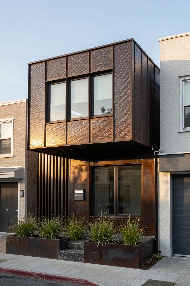A modern boxy two-story house with dark corten steel cladding featuring perforated panels, large windows on the upper level, a cantilevered overhang, vertical slats framing the glass entry door and steps, flanked by corten steel planters with tall grasses, on a city sidewalk next to brick and stucco neighbors.