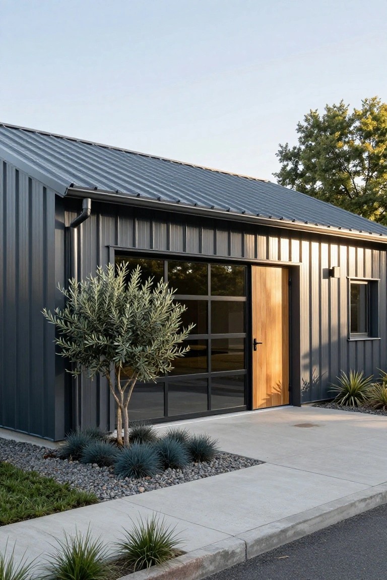 Exterior of a single-story building with dark gray corrugated metal siding and matching sloped roof, a large glass-paneled door, wooden entry door, small window, olive tree, agave plants, and gravel landscaping beside a concrete path.