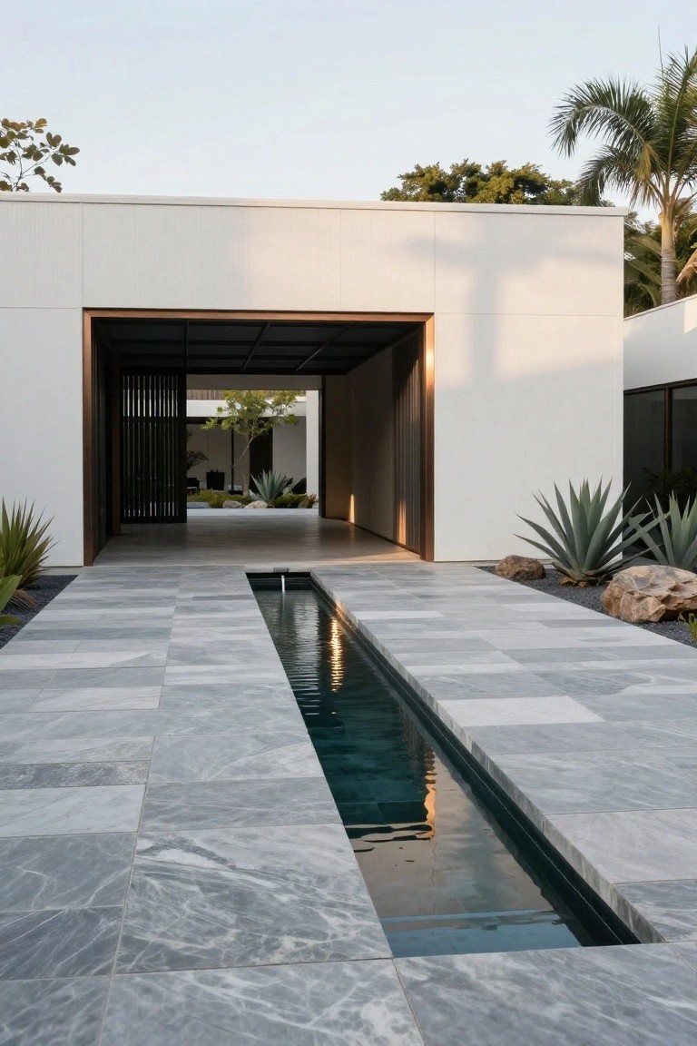Modern white stucco house exterior featuring a gray marble tiled pathway with a narrow central reflecting pool leading to a dark framed entry portal and visible courtyard, flanked by agave plants and rocks.