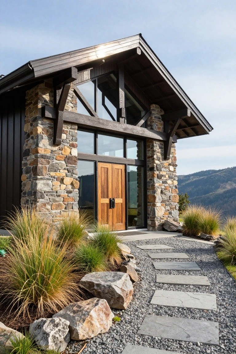 Front exterior of a cabin-style home with dark wood siding, stacked stone walls, exposed timber beams over large glass windows and wooden double doors, a stone pathway, ornamental grasses, and rocks leading to the entrance with mountains in the background.