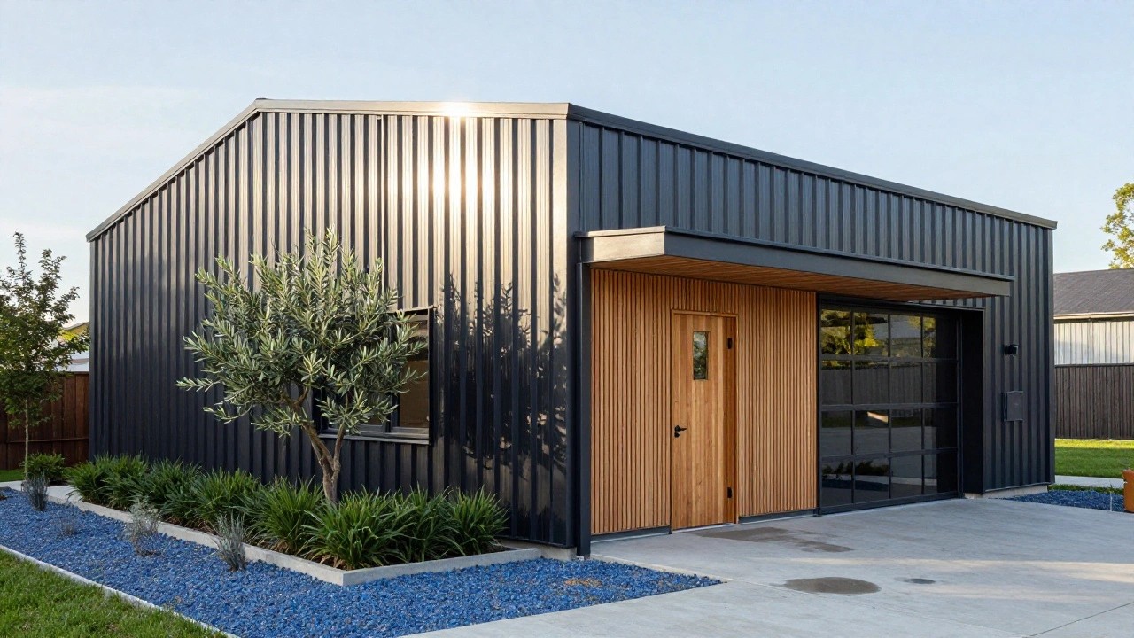 Exterior of a single-story building with dark gray corrugated metal siding and matching sloped roof, a large glass-paneled door, wooden entry door, small window, olive tree, agave plants, and gravel landscaping beside a concrete path.