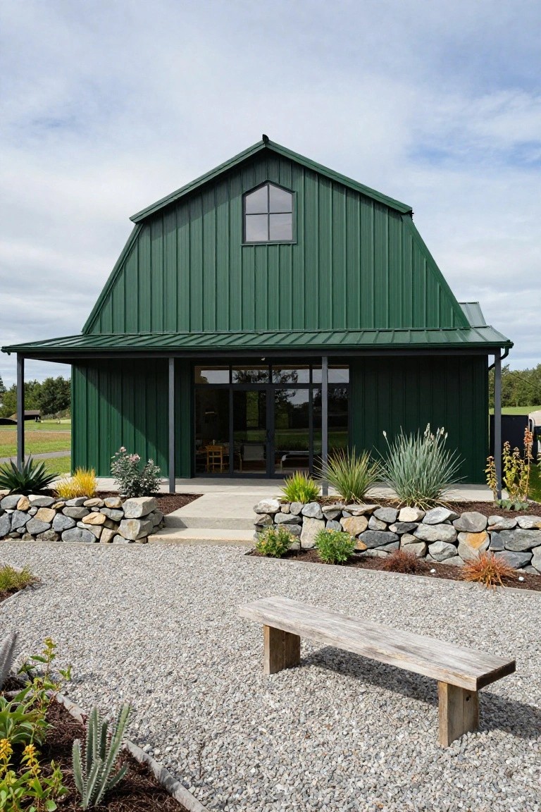 Green metal-clad barn-style house with gambrel roof, covered porch, large glass entry doors, gravel courtyard, rock retaining walls, and agave plants.