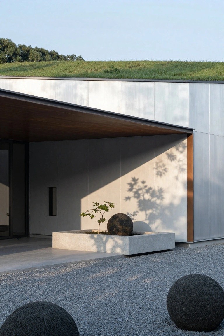 Modern house partially bermed into hillside with green sedum roof, white vertical-paneled walls, cantilevered wooden overhang over glass entry door, concrete planter holding small tree and boulder next to gravel ground with two large textured stone spheres.