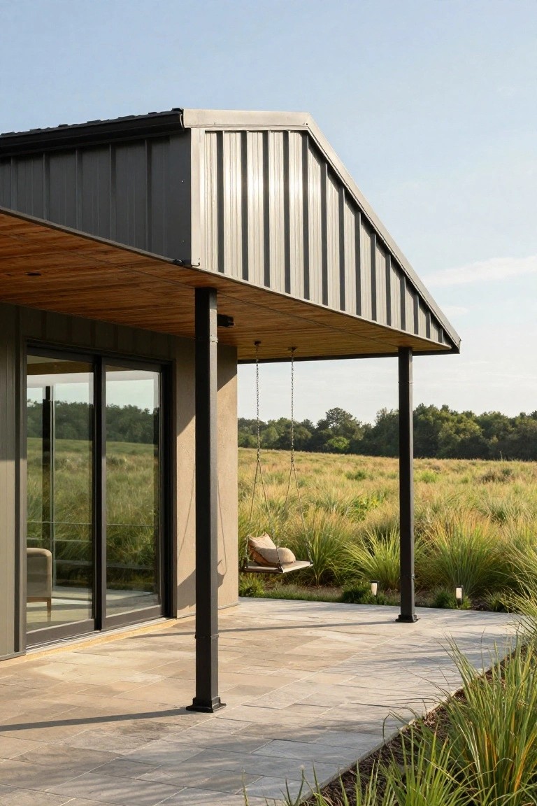 Corner exterior view of a modern single-story house with gray corrugated metal siding and gabled roof, large black-framed sliding glass doors, covered porch supported by black steel posts with wooden ceiling and hanging swing, stone paver patio, and tall ornamental grasses bordering a field under a clear sky.