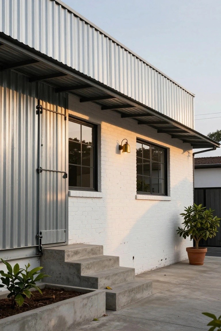 Side view of a modern house with corrugated gray metal siding and overhanging roof, large sliding metal door, white brick wall with black window and brass light fixture, concrete steps, raised planter box, potted plant in terracotta pot, and concrete patio.