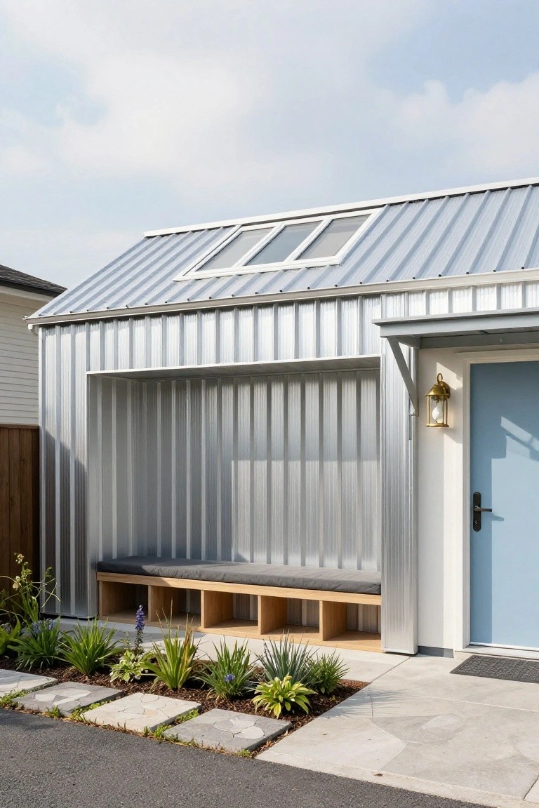 Exterior of a gabled corrugated metal building with silver cladding, featuring a recessed entry area with built-in wooden bench, blue door, brass lantern, and surrounding plants and paver path.
