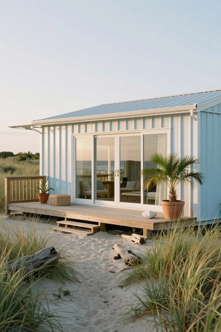 Light blue shipping container-style home with corrugated metal siding, large sliding glass doors, wooden deck, potted plants, and beach dunes leading to the ocean.