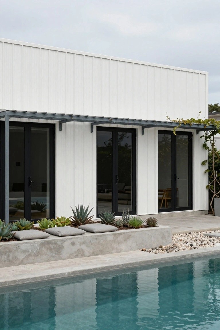 Side exterior of a modern white vertical metal-paneled house wall with black-framed sliding glass doors, a gray metal pergola overhead, concrete planter boxes filled with succulents, pebble mulch, and an adjacent turquoise pool.