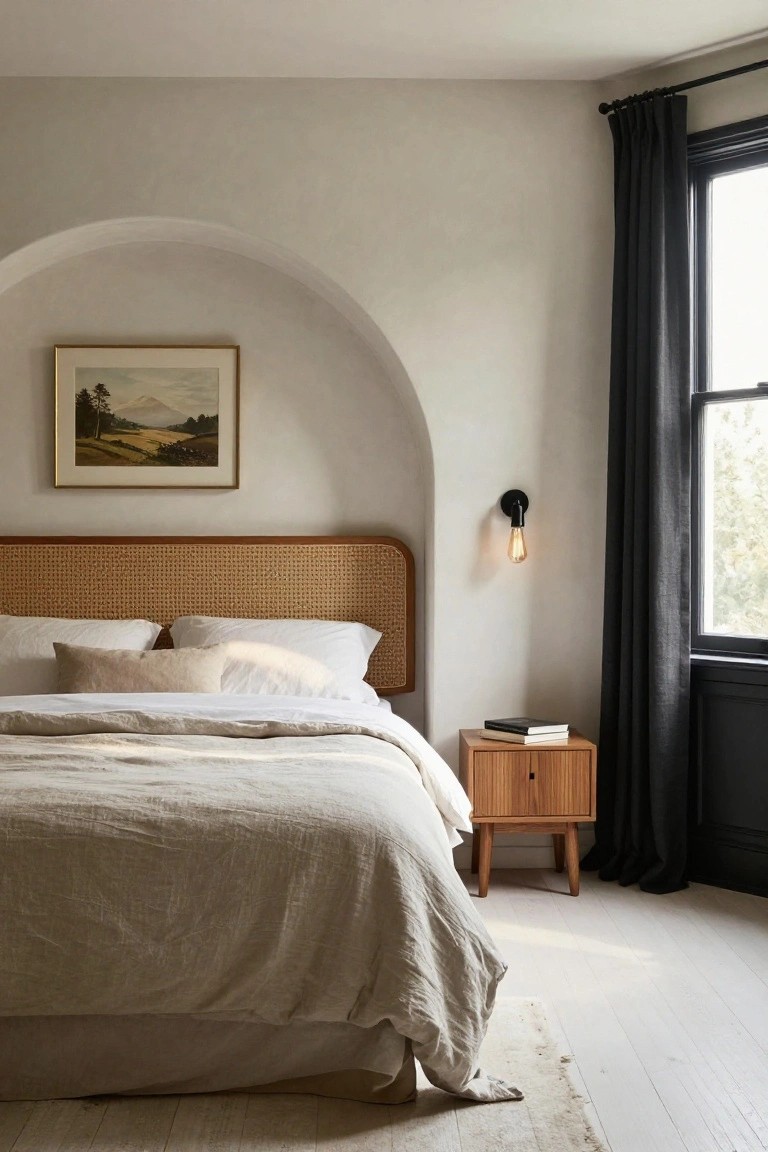 Bedroom with a queen bed featuring light cane headboard under a white arched wall recess holding a framed painting of a landscape, wooden nightstand with books, black curtained window, and light wood floors.
