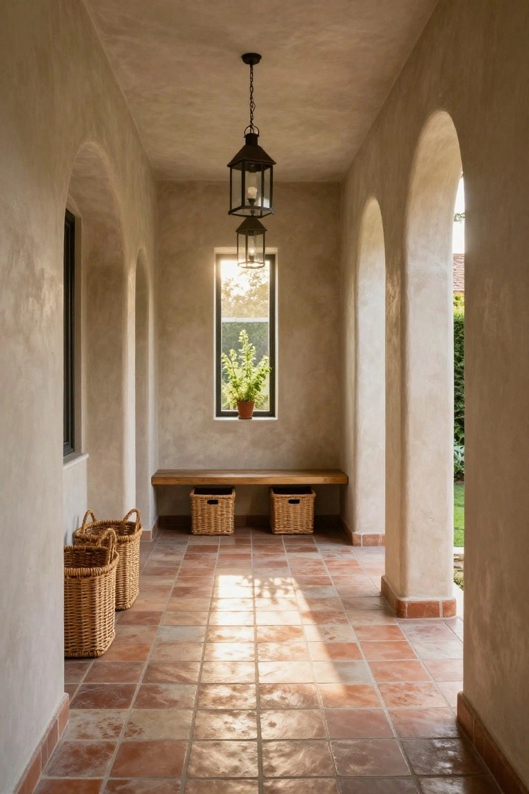 Covered arched walkway with beige stucco walls and columns, terracotta tile floor, wooden bench with three wicker baskets underneath, hanging lantern light, small window with potted plant, and open views to green lawn.
