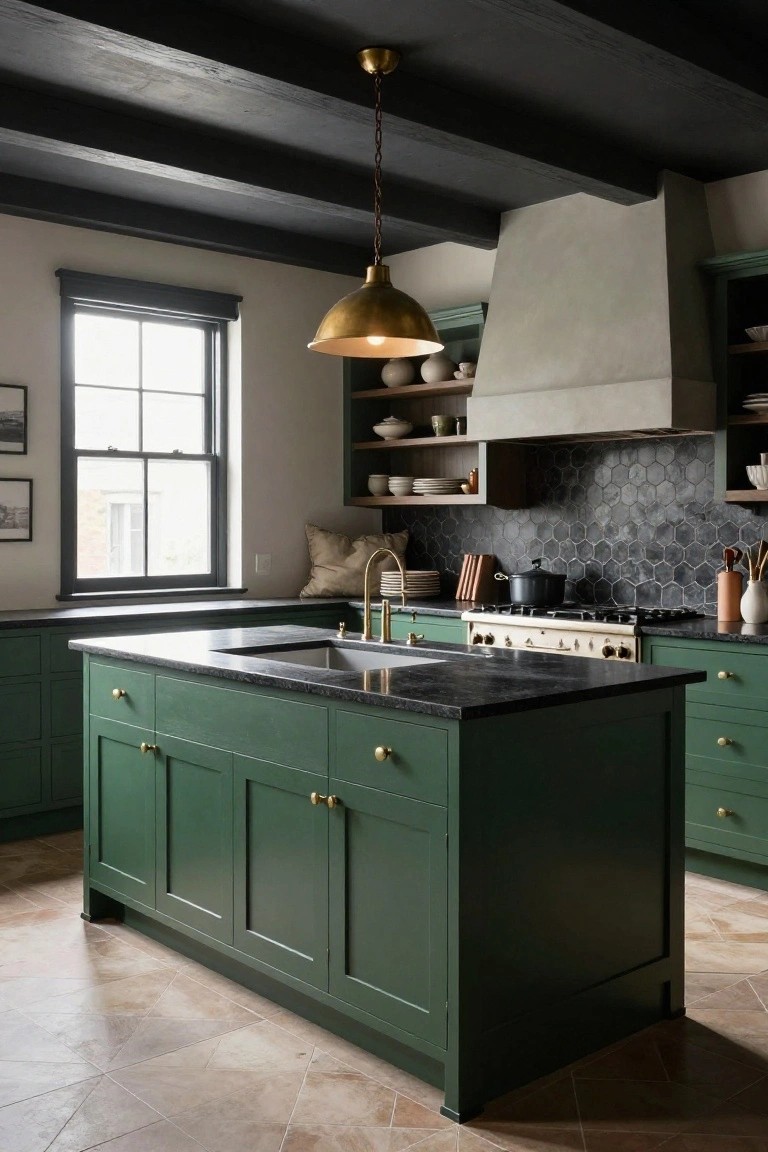 Kitchen with dark green shaker-style cabinets and island topped in black granite, brass hardware and faucet, black hexagonal tile backsplash, gold pendant light, open shelves with pottery, and beige patterned tile floor.