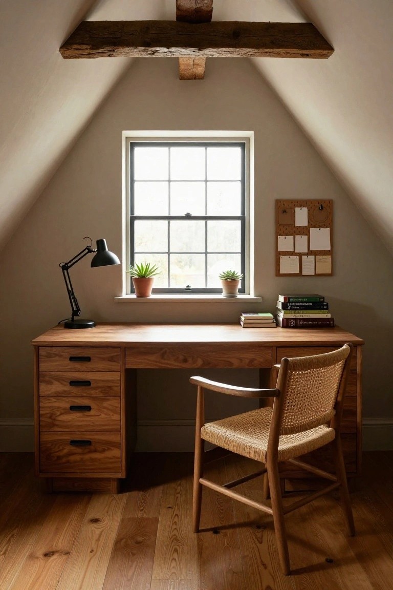 Attic office interior with sloped beige walls, exposed wooden ceiling beams, large window with plants on sill, wooden desk with drawers and stacked books, adjustable black desk lamp, corkboard, rattan chair, and hardwood floors.