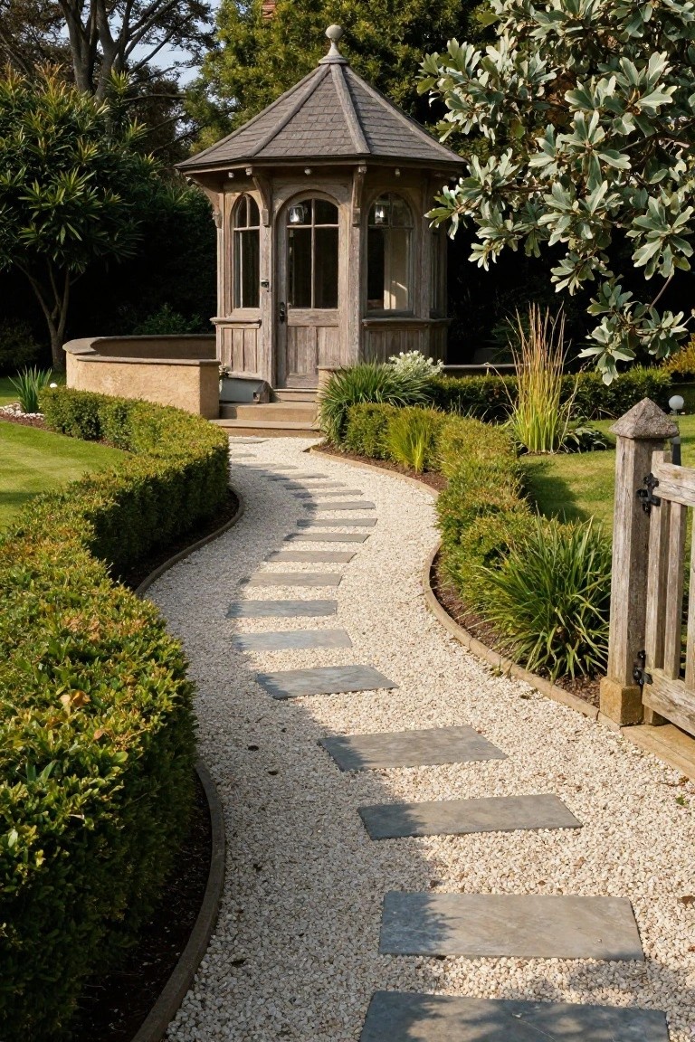 Winding gravel path with stepping stones leads to wooden garden gazebo.