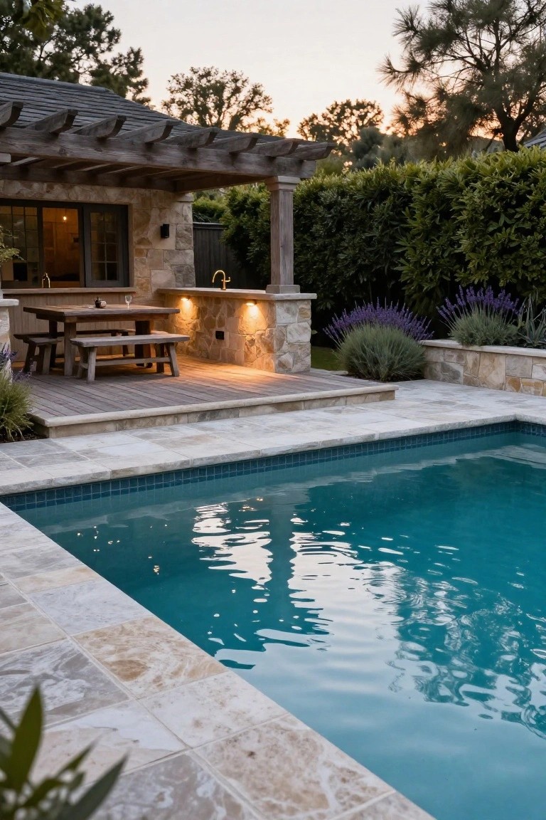 Stone outdoor kitchen under wooden pergola with dining table, benches, and sink, elevated above turquoise tiled pool with travertine deck and lavender plants nearby.