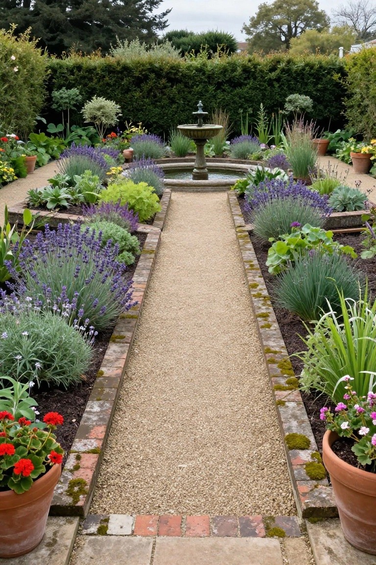 A straight gravel pathway flanked by raised brick beds planted with lavender, grasses, and other perennials leads to a central stone fountain in an enclosed garden with hedges in the background.