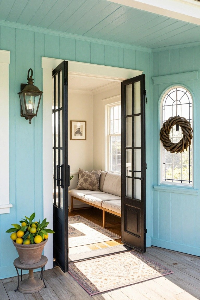 Turquoise clapboard porch with open black metal-framed French doors revealing a cream interior room with a built-in bench, pillows, small painting on wall, windows, potted lemon tree on stand outside, lantern light fixture, and driftwood wreath on arched window.