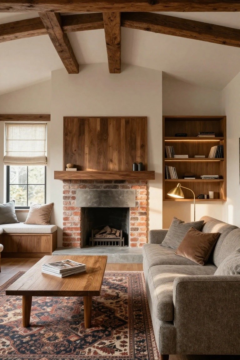 Living room interior with exposed wooden ceiling beams, a brick fireplace surrounded by vertical wooden paneling and built-in shelves, a window with linen shade, built-in bench, gray sofa, wooden coffee table, and red-and-black Persian rug on oak floors.