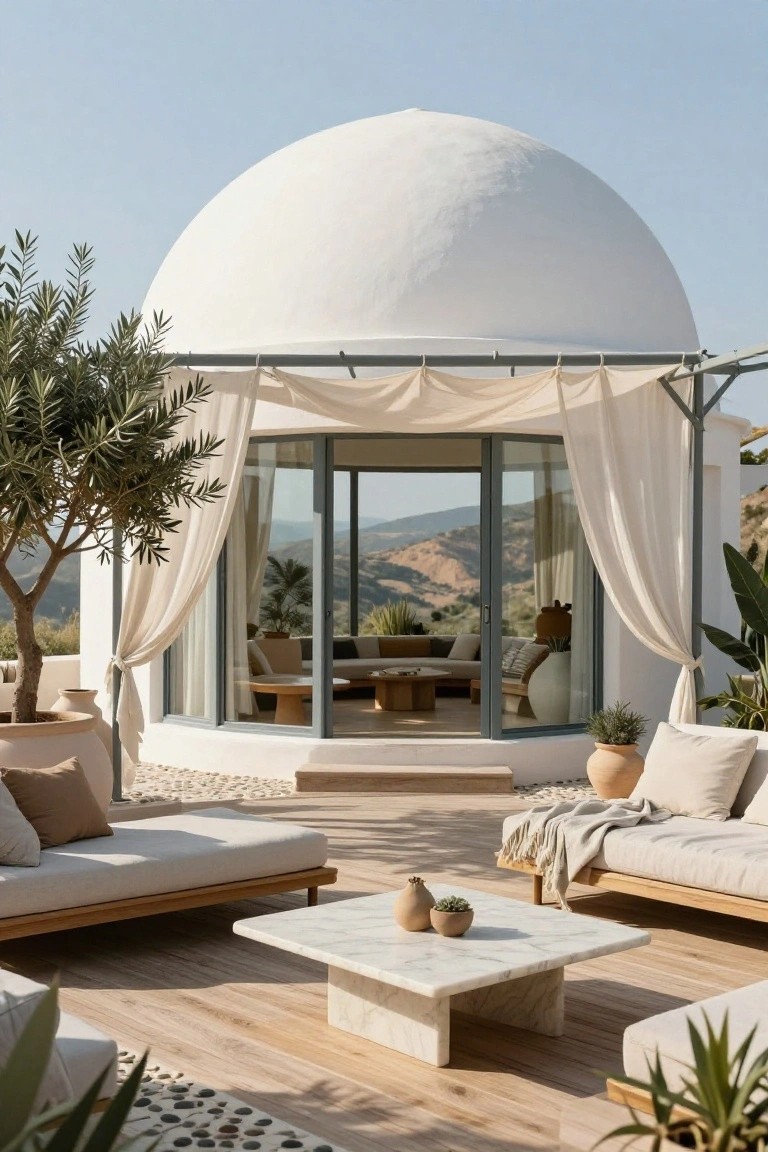 White dome structure with wooden deck terrace, beige outdoor lounges, marble coffee table, potted plants and olive trees, sheer draped curtains on metal pergola, glass doors open to interior, and distant hills under blue sky.