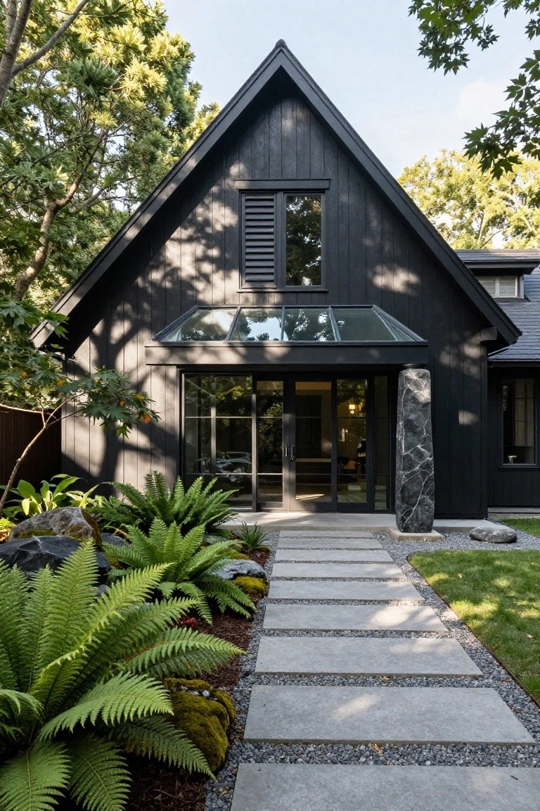 Black wood-clad gabled house exterior with glass entry canopy, tall marble pillar, concrete paver path through ferns and rocks, surrounded by trees and lawn.