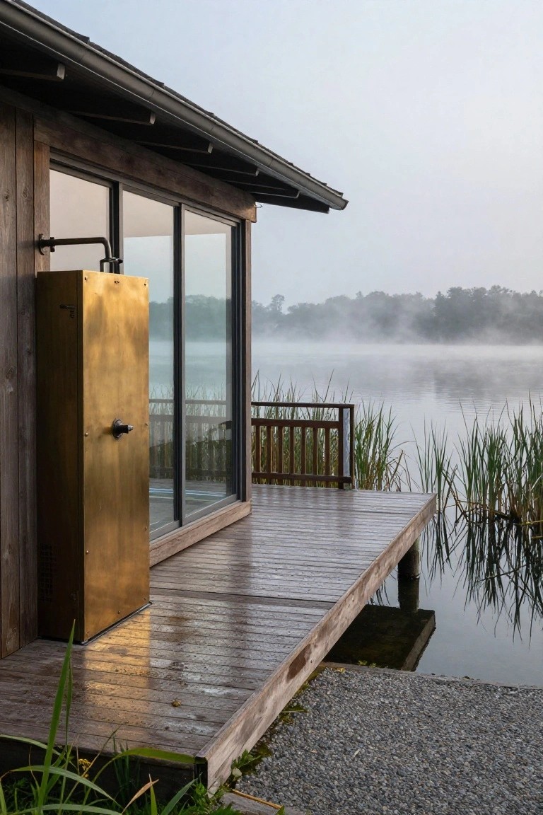 A tall brass outdoor shower enclosure with a pipe shower head stands on a wooden deck pier extending over a misty lake, next to a glass-walled wooden cabin with a dock railing and reeds in the foreground.