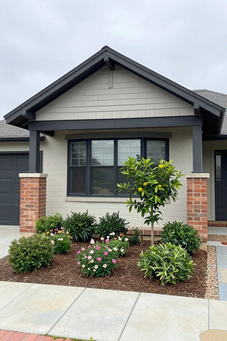Front view of a light gray house with black trim, gabled roof overhang, two-car garage, brick pillars, and landscaped beds featuring boxwood shrubs, flowers, and a small lemon tree.