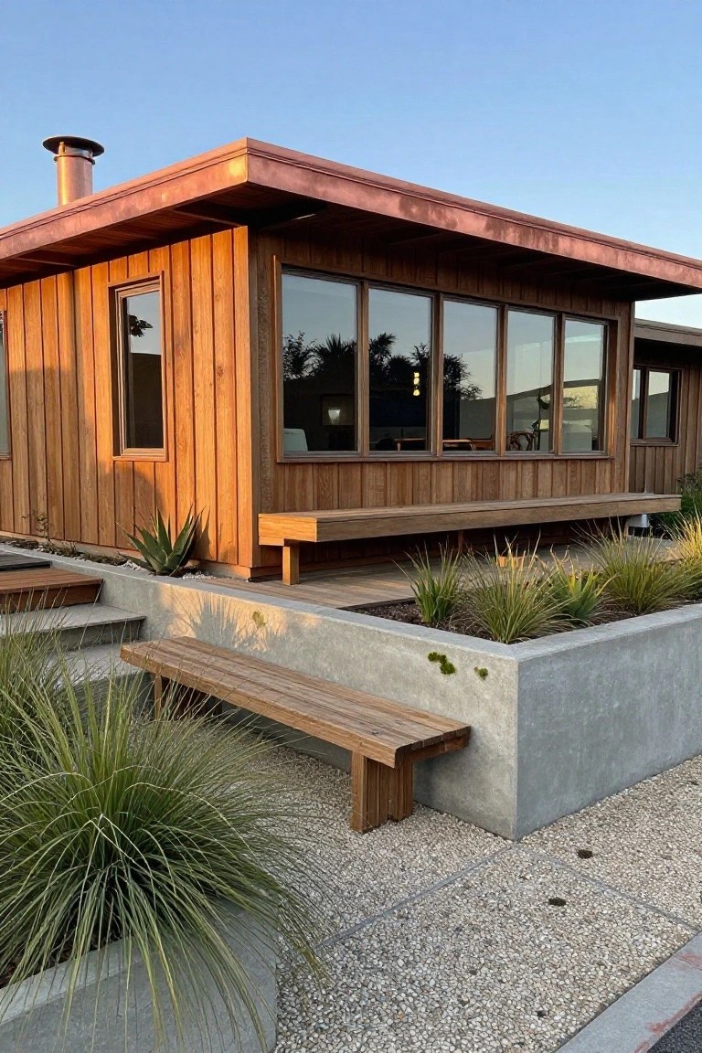 Wooden mid-century modern house exterior with copper roof, large windows, built-in wooden benches, concrete planters filled with grasses and agaves, and gravel ground cover.