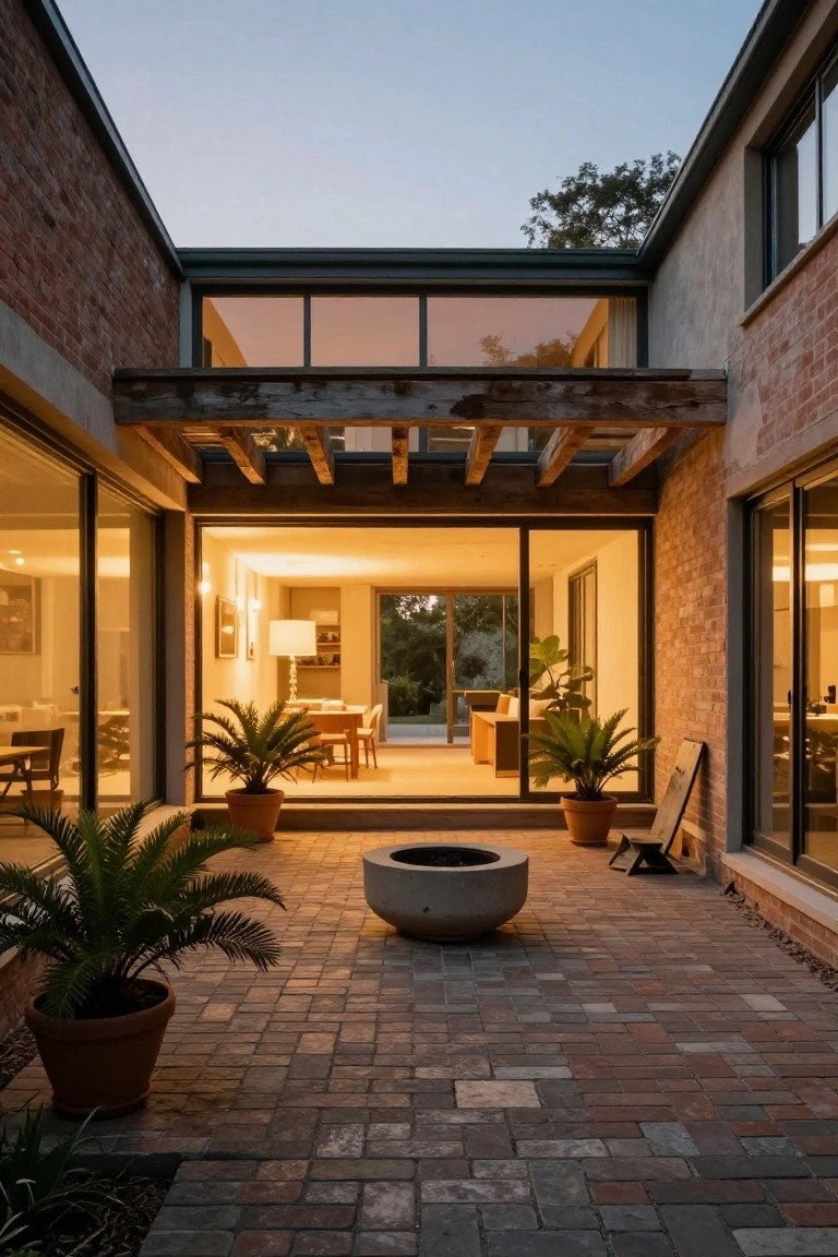 Brick courtyard at dusk with central concrete fire pit, large potted palm plants on pavers, timber pergola overhead, and sliding glass doors opening to warmly lit interior rooms.