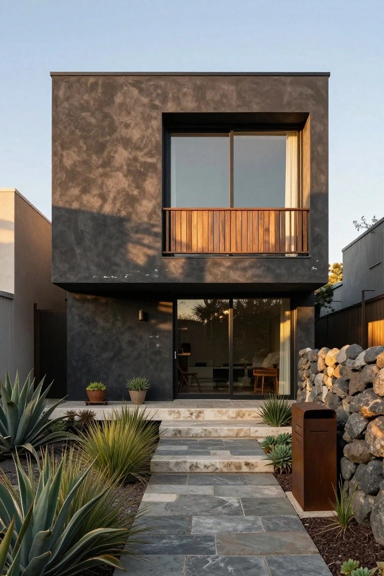 Two-story modern house exterior featuring dark textured stucco walls, a wooden balcony with railing above large glass windows, entry with glass doors and stone steps, agave plants, and a rock wall in the foreground.