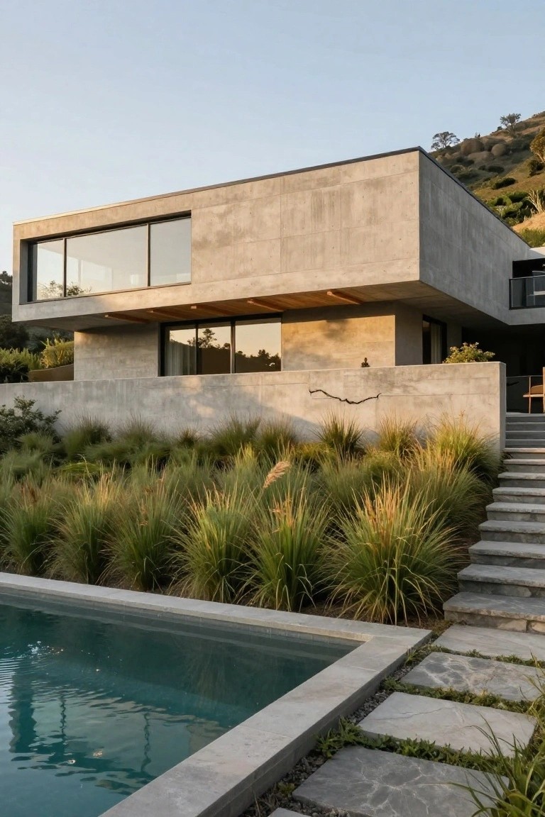 Modern house with textured exposed concrete walls, cantilevered upper level, large glass windows, native grasses, stone steps, and rectangular pool on a hillside at sunset.