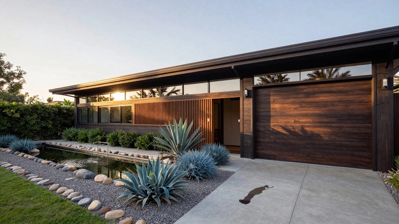 Mid-century modern house exterior with cantilevered roof of wood beams and dark steel supports over an open garage featuring louvered wood screens and vertical wood panel doors, next to gravel landscaping with agave plants and a linear reflecting pool edged in rocks.