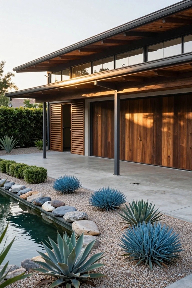 Mid-century modern house exterior with cantilevered roof of wood beams and dark steel supports over an open garage featuring louvered wood screens and vertical wood panel doors, next to gravel landscaping with agave plants and a linear reflecting pool edged in rocks.